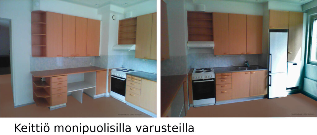 Hyvin varusteltu keittiö: Kaappeja 8 ja vetolaatikot - väri ruskea, jääkaappi, pakastin, astianpesukone, sähköliesi uunilla, liesituuletin