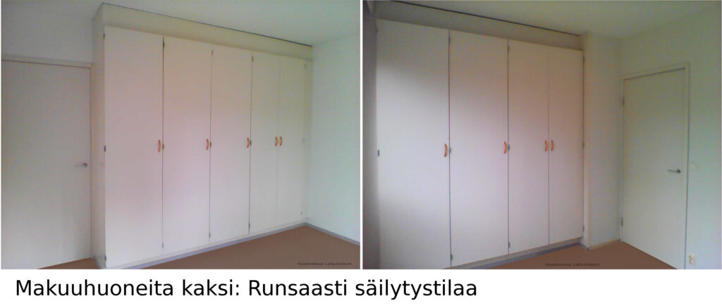 Makuuhuoneita kaksi - runsaasti säilytystilaa: Mh1 - 4 kaappia, mh2 - 3 kaappia