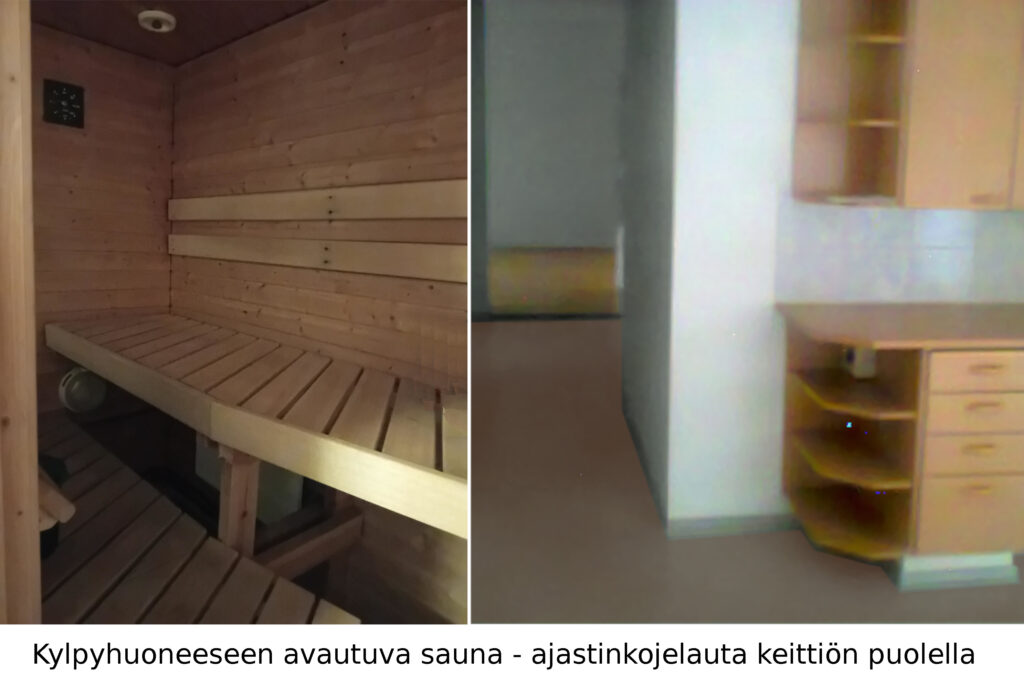 Kylpyhuoneeseen avautuva sauna paneloiduilla seinillä - ajastinkojelauta keittiön suulla hyllykössä